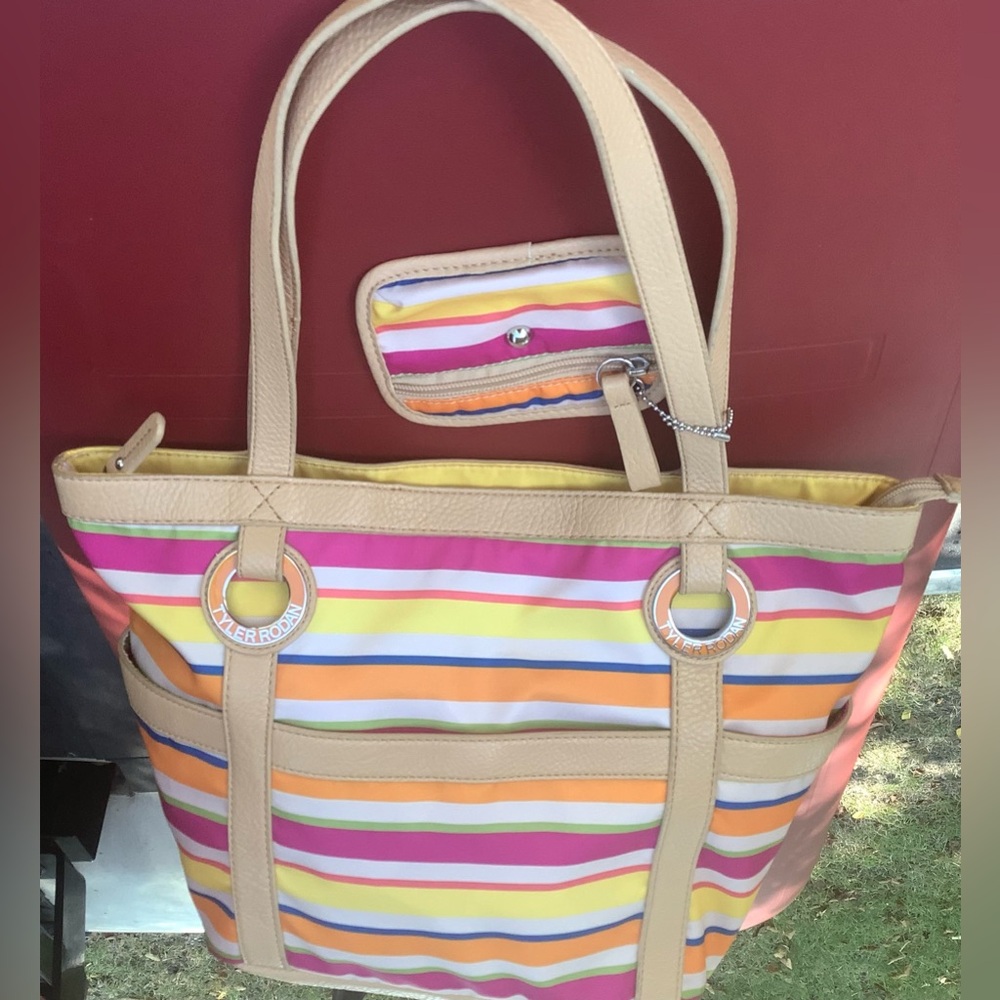 Tyler Rodan Multicolored Striped Handbag With Detachable Coin/card Purse EUC